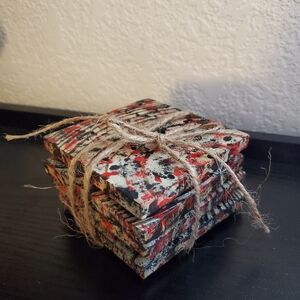 Abstract Red and Black Coaster Set / Wooden / Handmade Craftmanship